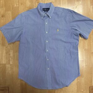 Ralph Lauren Classic Fit Mens Short Sleeve Button Down Shirt Blue Striped Large
